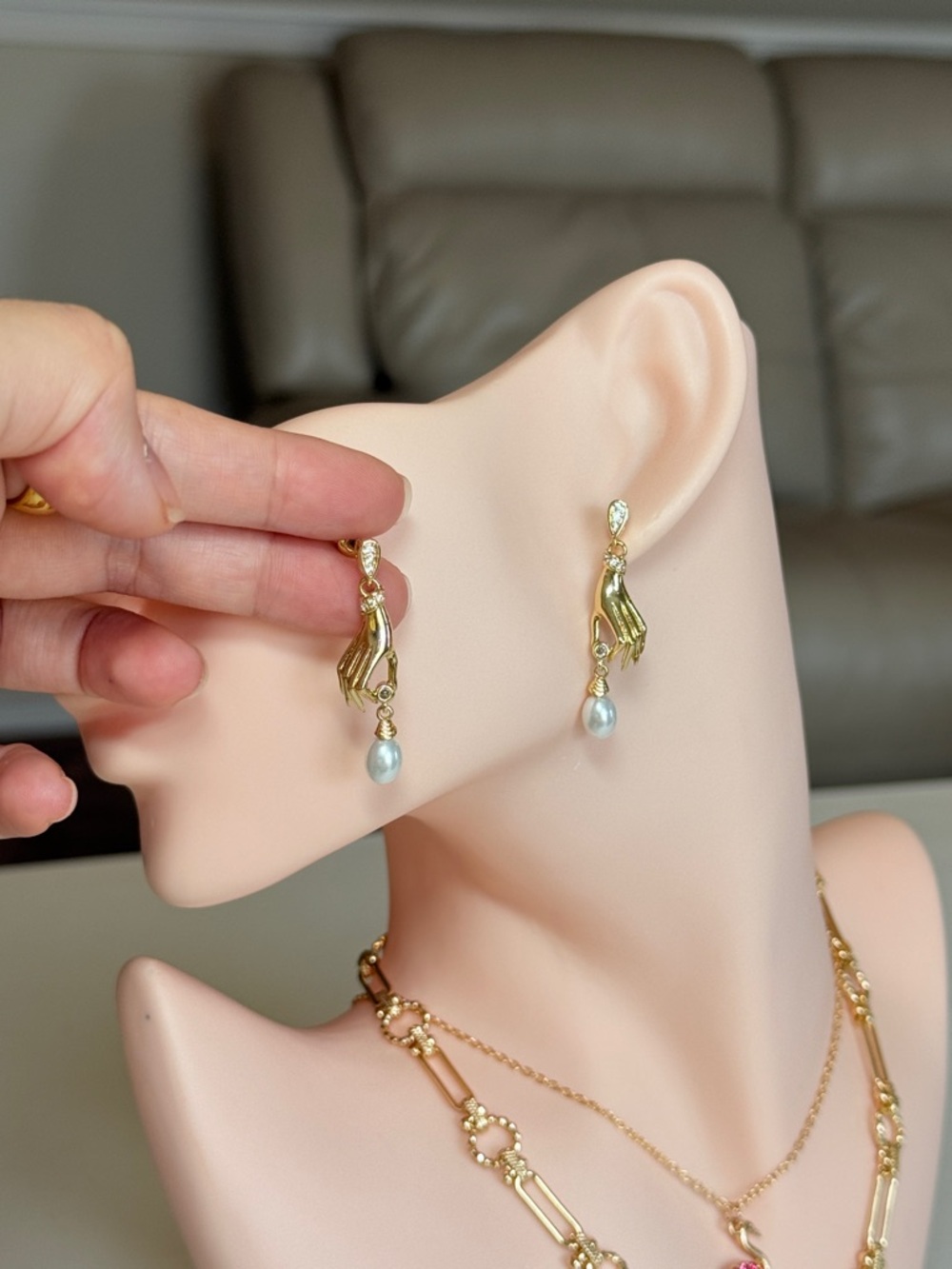Gold Hand Pearl Drop Earrings - Picture 8 of 13
